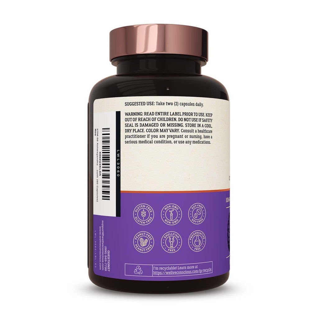 Live Conscious KSM-66 Ashwagandha Supplement w/L Theanine & AlphaWave - ZenWell Everyday Stress Relief, Cognitive, Brain Health - Ashwagandha for Men & Women - 60 Capsules (2-Pack)