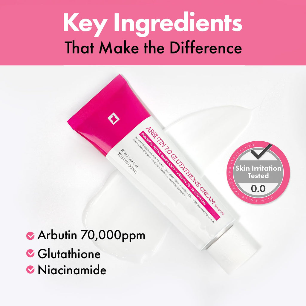 TOSOWOONG Arbutin 7% Glutathione Cream, 70,000ppm Arbutin + 5,001ppm Glutathione, Niacinamide, Dark Spots, Freckle, Blemishes, Pigmentation, Dullness, Uneven Tone, Korean Skin Care, 50ml, 1.69 fl.oz.