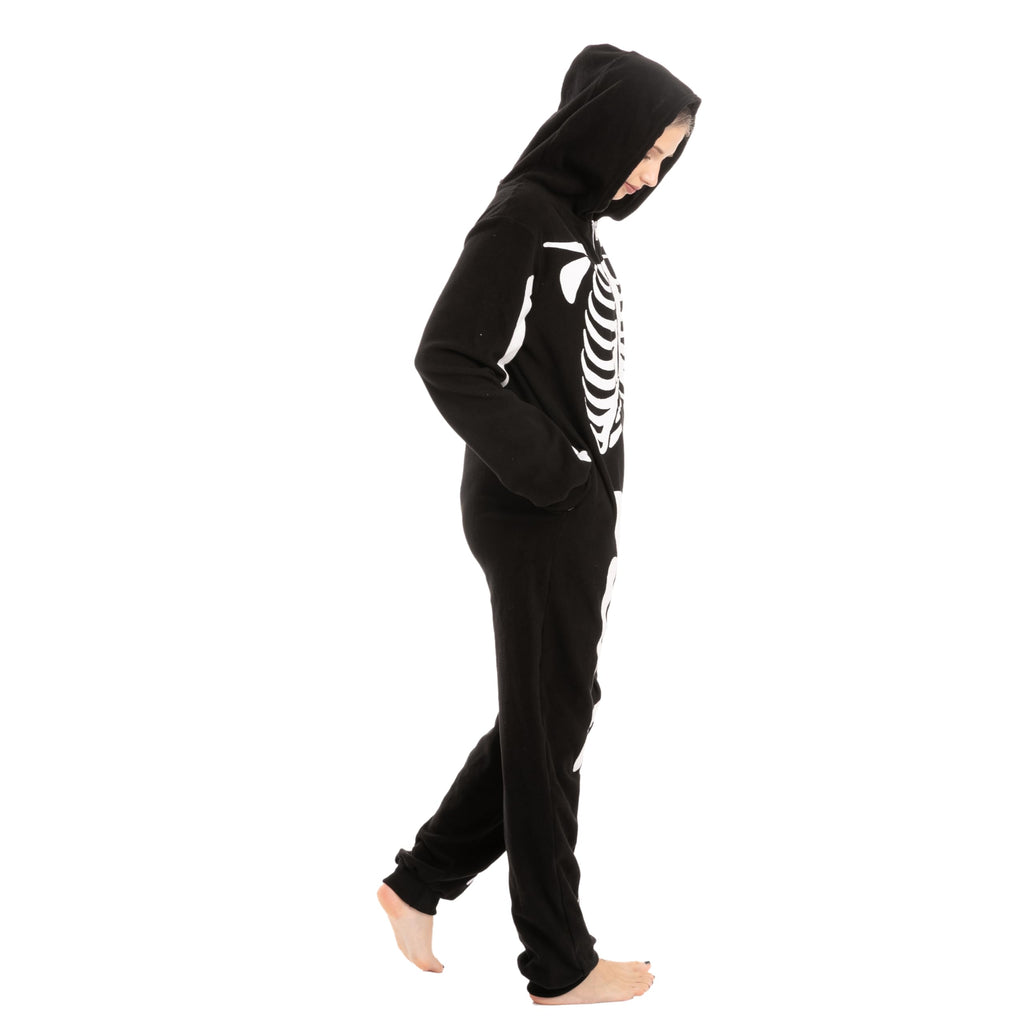 Spooktacular Creations Halloween Skeleton Costume, Adult Skeleton Costume, Unisex Adult Jumpsuit Plush Hoodie Zipper Jumpsuit for Men Women Halloween Dress-up Cosplay Themed Parties Black