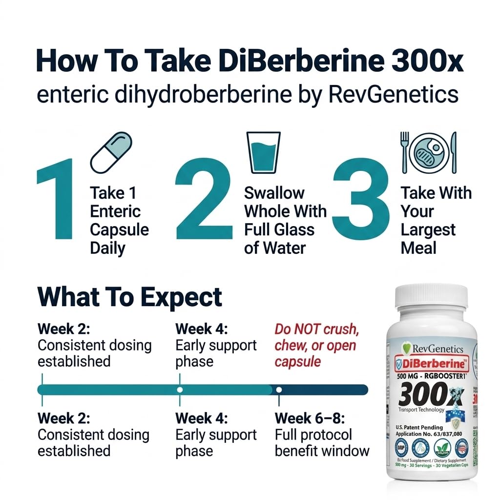 REVGENETICS Berberine Supplement 500mg, Dihydroberberine DHB Enteric Coated Capsules, Healthy Metabolism & AMPK Support, 6.7X Absorption, 1 Daily, Made in USA, 30 Ct, DiBerberine 300x