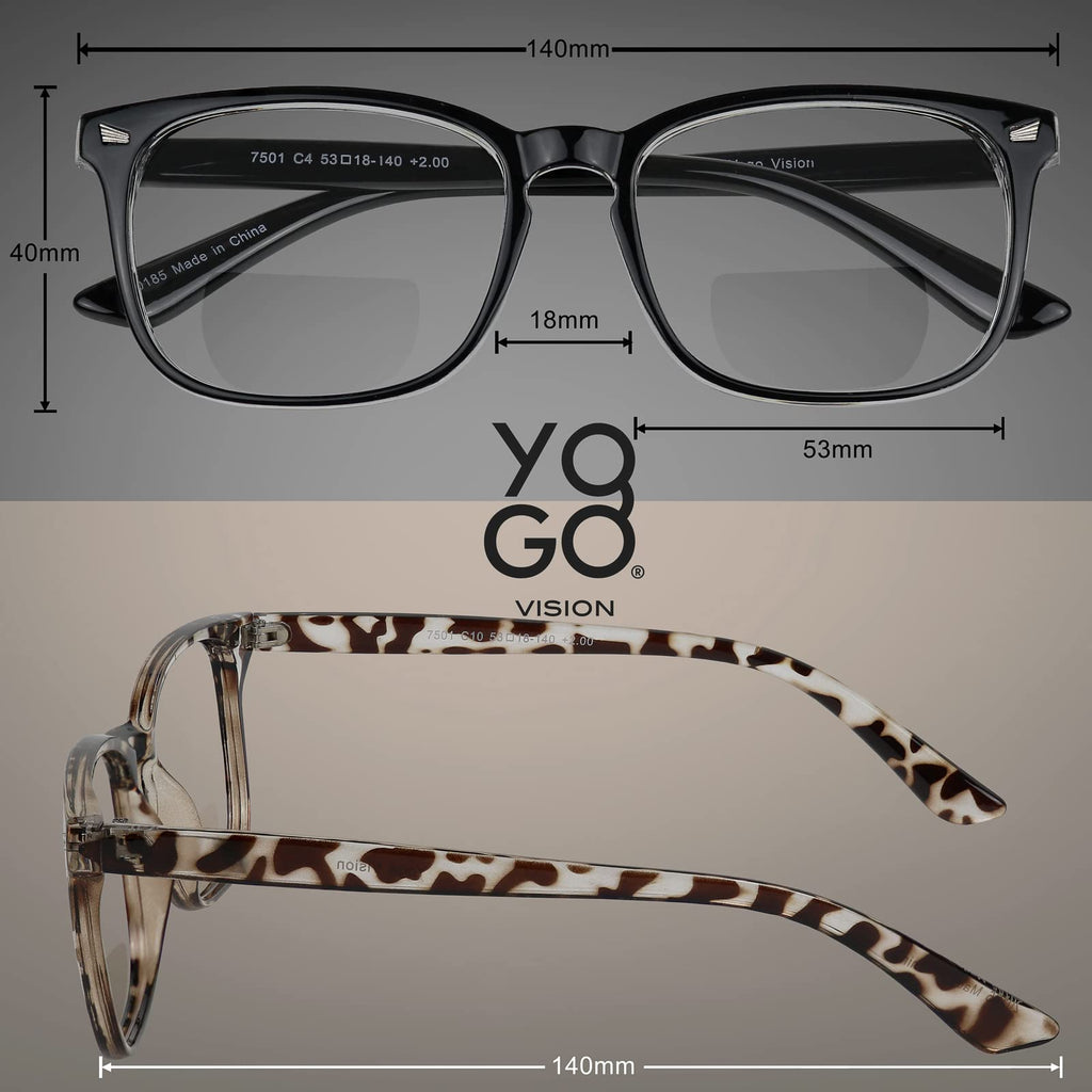Yogo Vision Bifocal Reading Glasses for Women Men Rectangle Multifocal Readers Fashion Nerd Eyeglasses 3 Pack: Black, Clear, Grey Havana 2.5