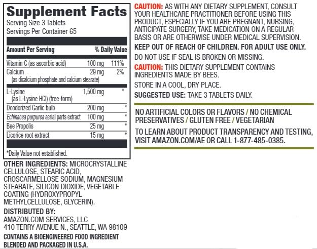Amazon Elements Lysine Complex, with Vitamin C, Vegetarian, Immune Support, 195 Tablets (Packaging May Vary) (Pack of 2)