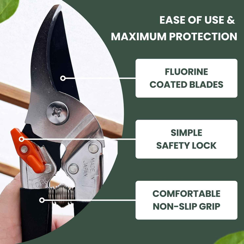 Saboten Japanese Pruning Shears 7.9" – Professional Bypass Garden Clippers, Made in Japan, Sharp Carbon Steel Blade with Sap-Resistant Fluorine Coating, Cuts up to 3/4 in (20 mm)
