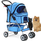 4 Wheels Pet Stroller Cat Dog Cage Stroller Travel Folding Carrier with Cup Holders and Removable Liner for Small-Medium Dog, Cat (Blue)