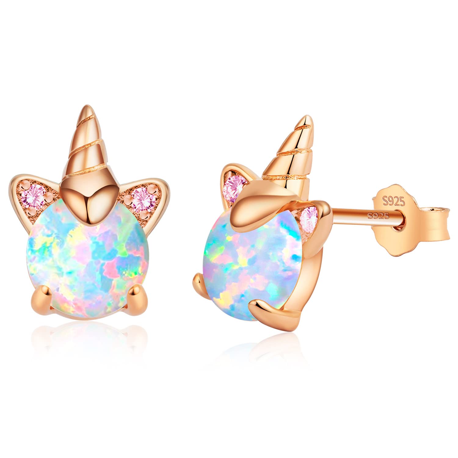 Rose Gold Plated Unicorn Earrings, 14K Hypoallergenic Earrings for Kids ARSKRO S925 Sterling Silver Post Cute Tiny Small Fire Opal Stud Jewelry Gifts for Little Teen Girl Sensitive Ears
