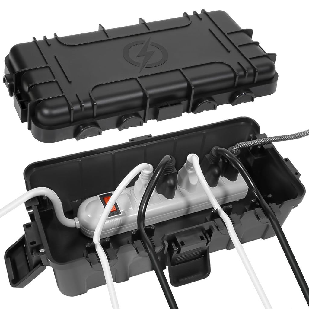 OUTDSPLY Medium Outdoor Electrical Box (11.6x5.2x4.1 inch), IP54 Waterproof Extension Cord Cover w/ 6 Cable Entry, Weatherproof Connection Box for Power Strip, Plug, Timer, Holiday Lights, Black