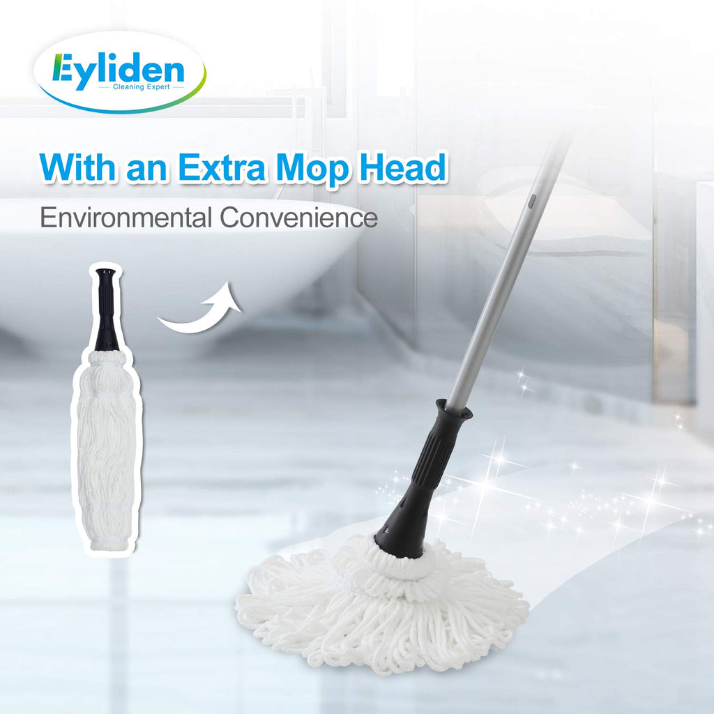 Eyliden Mop with 2 Reusable Microfiber Heads, Easy Wringing Twist Mop, 57.5 inch Long Handle, Wet Mops for Floor Cleaning, Commercial Household Clean Hardwood, Vinyl, Tile, and More (White)