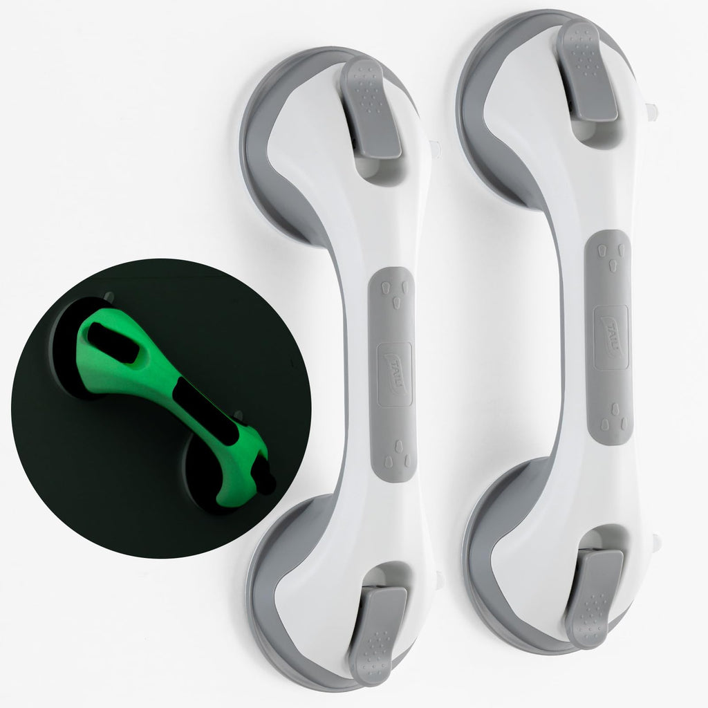 TAILI Shower Grab Bar Glow in The Dark, 2 Pack 12.2 in Grab Bars for Bathtubs and Showers,Shower Handles Shower Rails for Seniors and Elderly,Bathroom Safety Grip Removable No Drilling Waterproof Grey