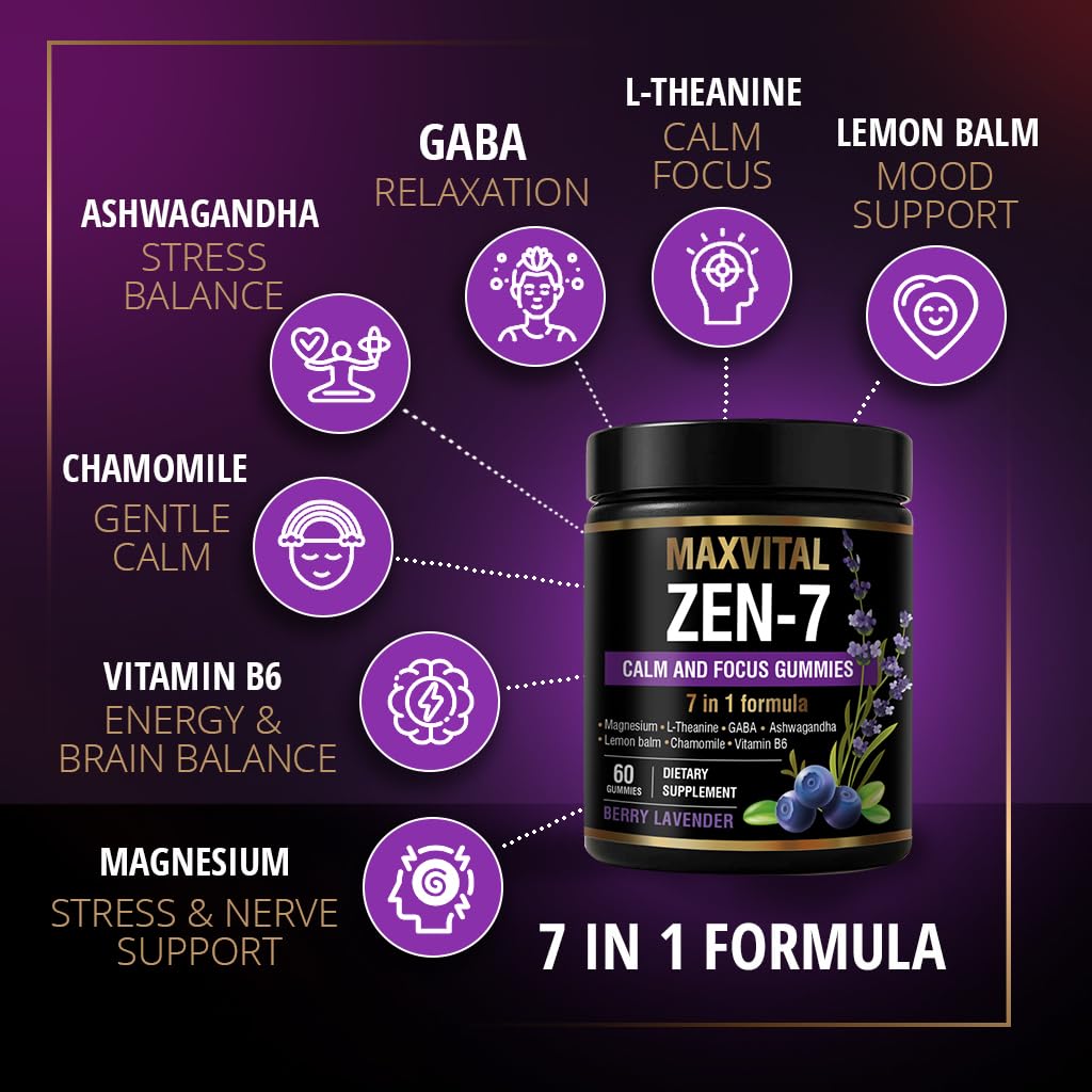 MAXVITAL Zen-7 Calm & Focus Gummies for Adults - Sugar Free Daily Calm & Mental Clarity Support - L-Theanine, GABA, Ashwagandha, Magnesium, Lemon Balm & B6 - Berry Lavender - 60 Vegan Gummies