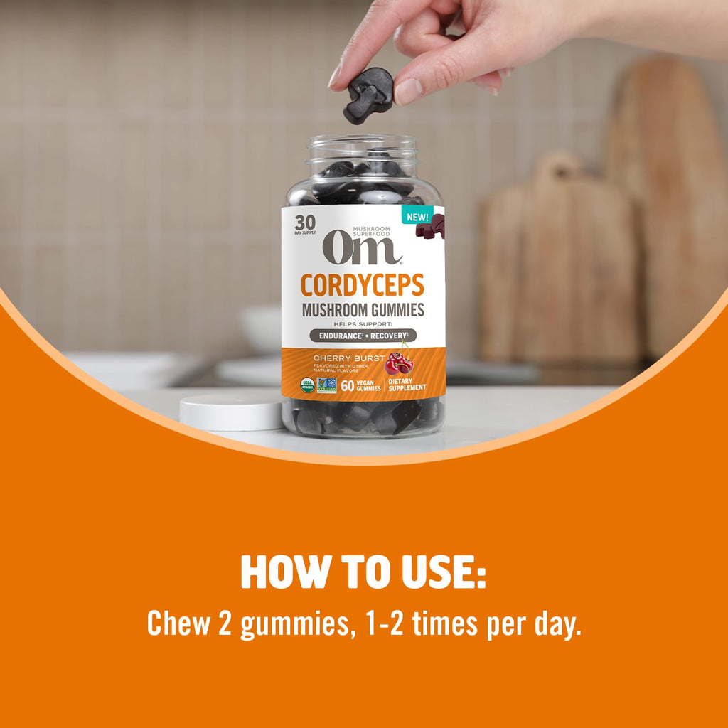 OM MUSHROOM SUPERFOOD Cordyceps Gummies – USA Grown Organic Mushrooms – Supports Endurance, Energy & Recovery – Cherry Burst Flavour – 30 Servings, 60 Count.