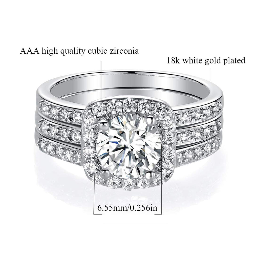 MDFUN 18K White Gold Plated Cubic Zirconia Three-in-One Halo Wedding Engagement Promise Eternity Ring for Women (7)