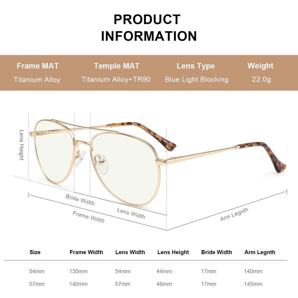RB.Pilot Blue Light Aviator Reading Glasses for men Women Metal Frame Spring Temple