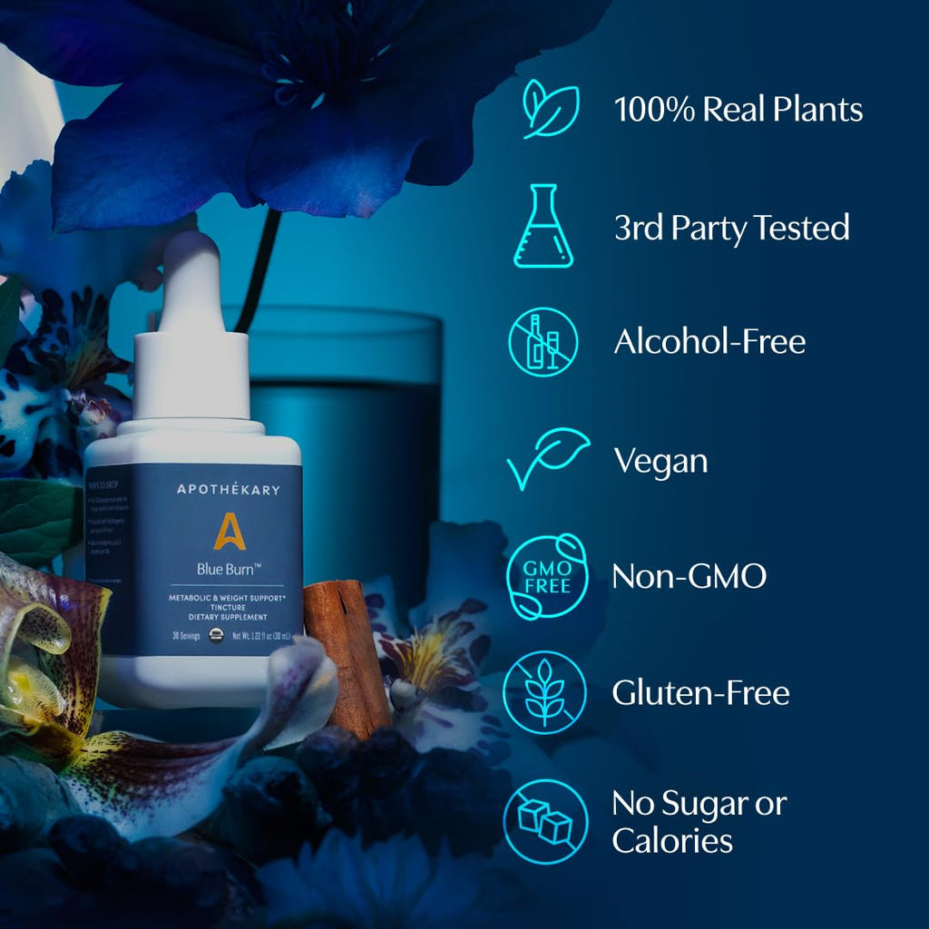 Apothékary Blue Burn Herbal Supplement Liquid Drops, Metabolism and Weight Management Support, Clinically-Tested, Made in The USA, 1 Fl Oz, 30 Servings