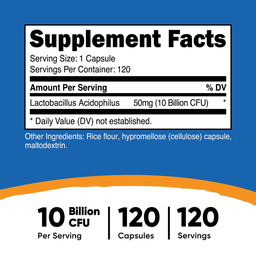 Nutricost Lactobacillus Acidophilus 10 Billion CFU, 120 Veggie Capsules - Probiotic (2 Bottles)