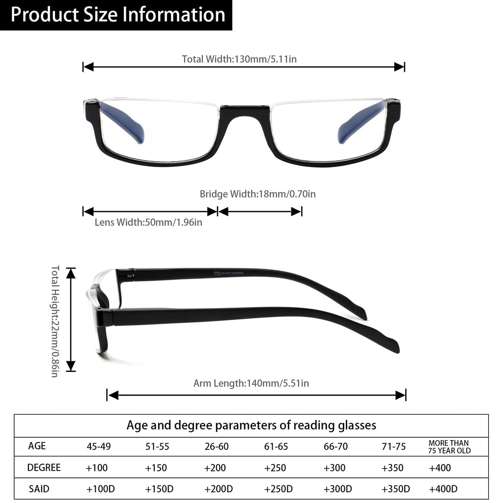 Kerecsen Half Frame Reading Glasses for Men & Women, Lightweight Comfort-Fit Design with Spring Hinges (5Black, 2.00)