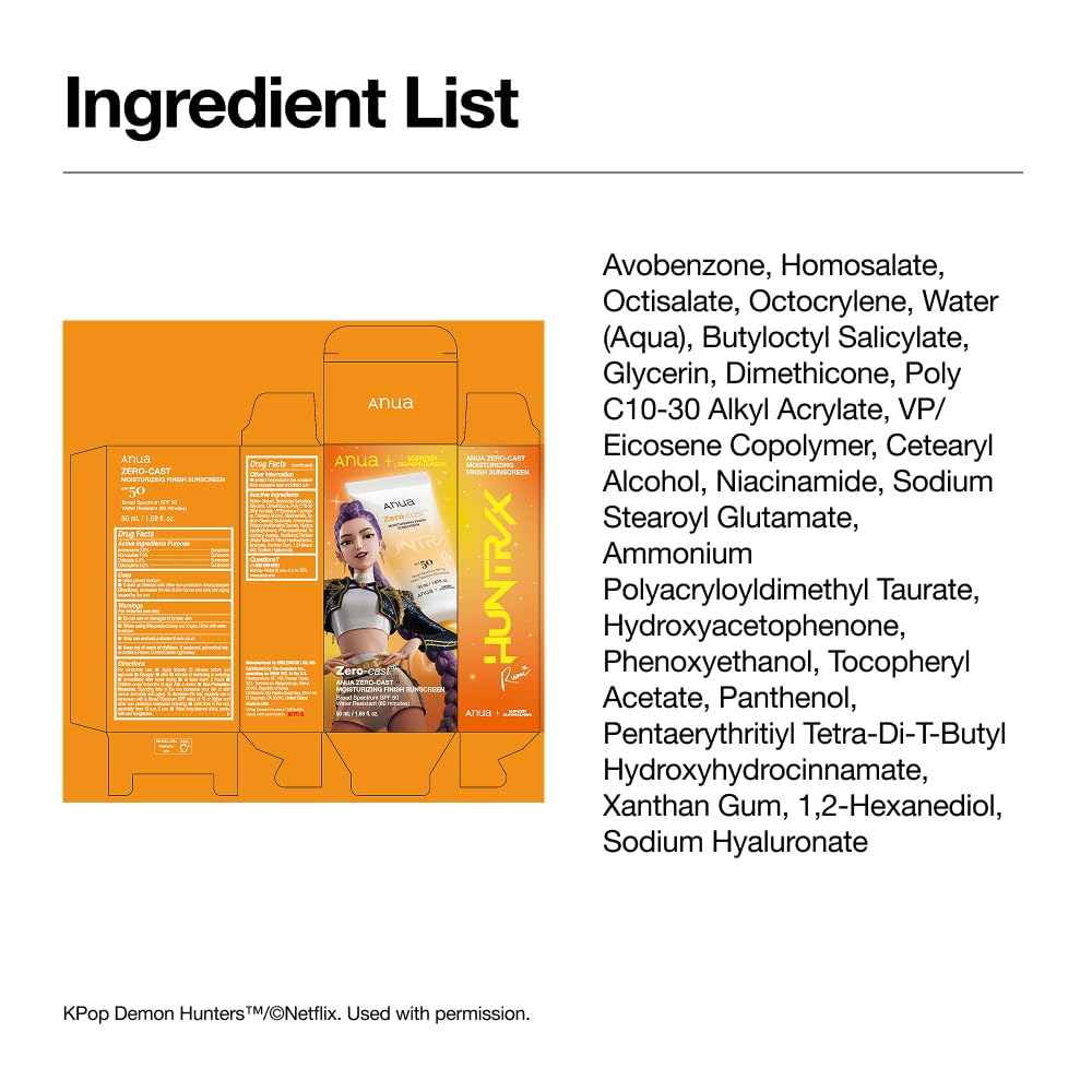 Anua, Zero-Cast Moisturizing Sunscreen SPF 50, Glow Natural Sunscreen for face, No White Cast, Hyaluronic Acid, Niacinamide, Oil-Free, KPop Demon Hunters, Korean Skincare, 1.69 fl oz