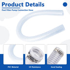 IWIWE 1 1/2 Inch Swimming Pool Replacement Hose Pool Filter Pump Connection PVC Hose For Above Ground Pools 1.5" x 3FT（Includes 2 Hose Clamps）
