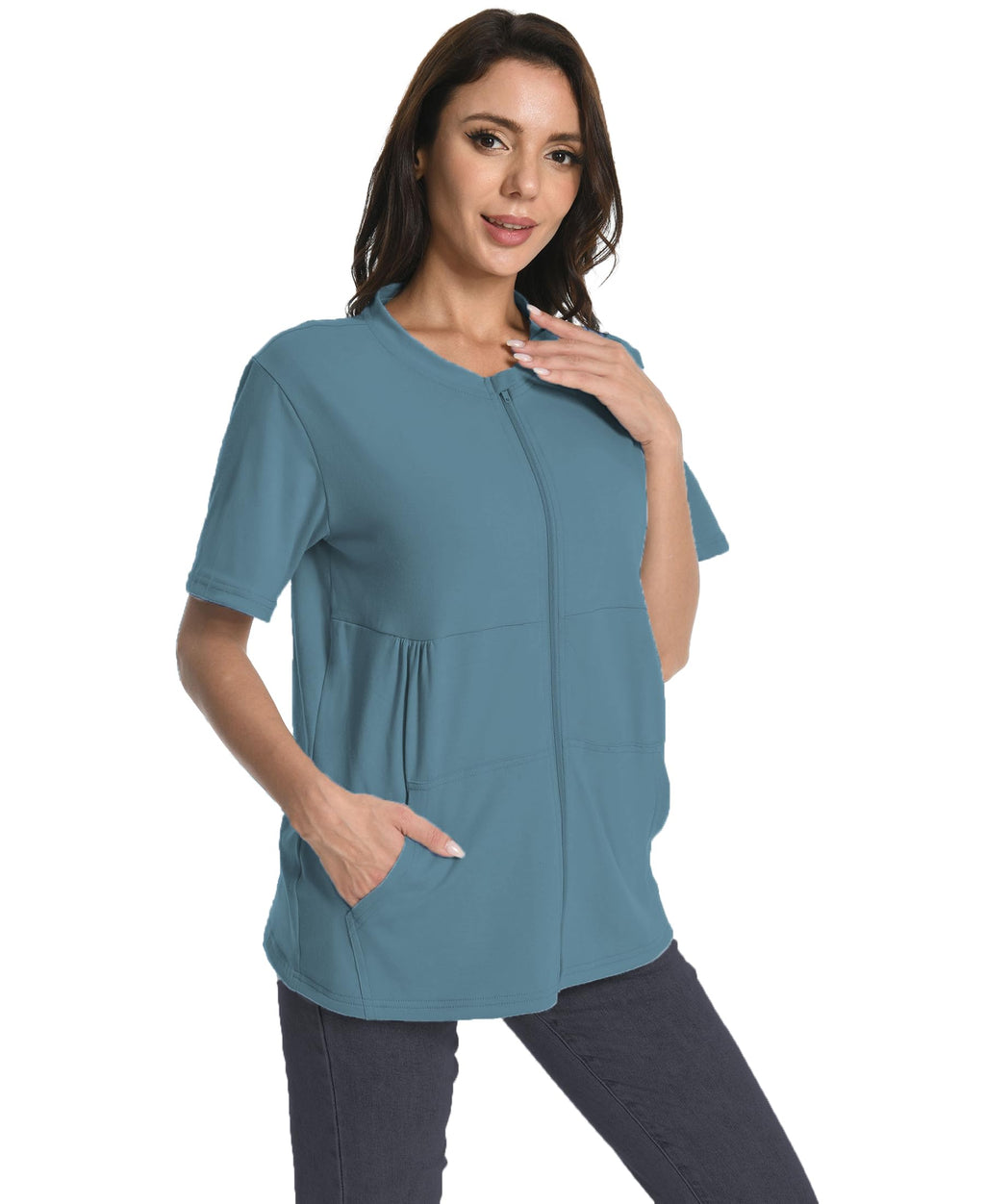 Mastectomy Shirt with Drain Pockets Breast Mastectomy Recovery Supplies Nephrostomy Drain Bag Tummy Tuck Must Haves Clothing Comfy Post OP Camisoles After Mastectomy Short Sleeve Shirts Peacock Blue
