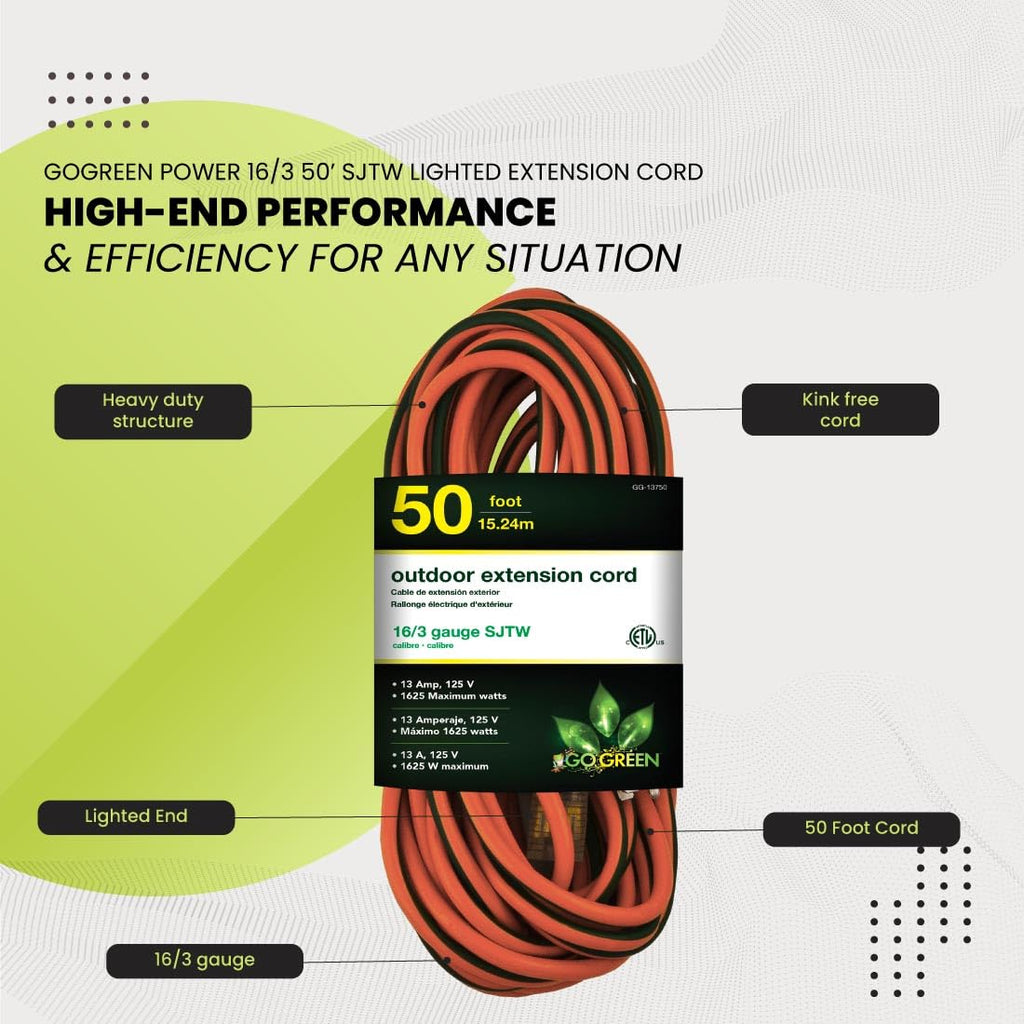 Power By GoGreen Go Green Power Inc. 16/3 50-Foot Outdoor Extension Cord - Heavy-Duty, Weatherproof, GG-13750