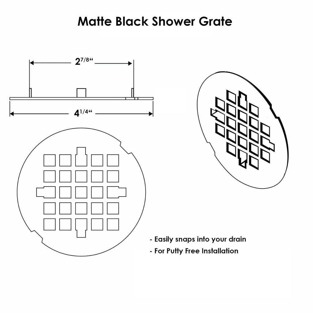 LXLOTUS 4 ¼” Matte Black Snap-in Shower Drain Cover - Premium Round Black Grate Replacement - 4.25" OD Strainer - Easy Install - Durable Solid Brass Construction