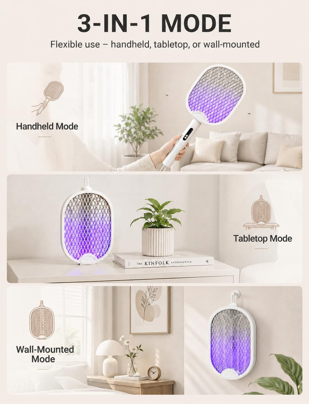 WOCVRYY Electric Fly Swatter 4000V Bug Zapper Racket with 1800mAh Rechargeable Battery 5-Layer Safety Mesh Dual Modes 180° Foldable Ideal for Indoor or Outdoor Use (White)