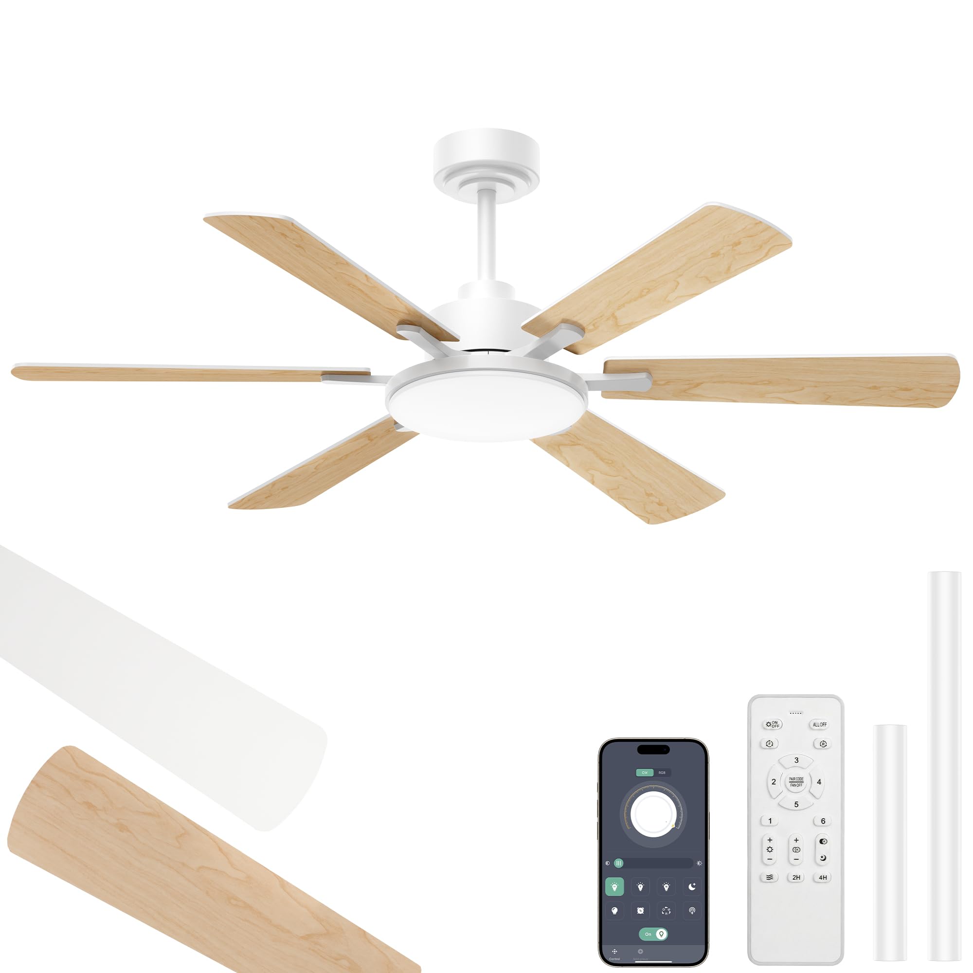 52 Inch Ceiling Fans with Lights, 6 Double Sided Blades, Ultra Quiet Reversible DC Motor, Remote & APP Control, 6 Speeds, 3CCT Dimmable LED with Memory Function, Downrod Mount for Living Room, White