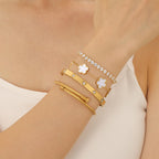Gold Bracelets for Women, 18K Gold Plated Women Tennis Bracelets Clover Nail Love Bangle Bracelet Set, Gold Bracelet Stackable Set Trendy Jewelry, Gifts for Women's Day and Mother's Day (04-Color-white)