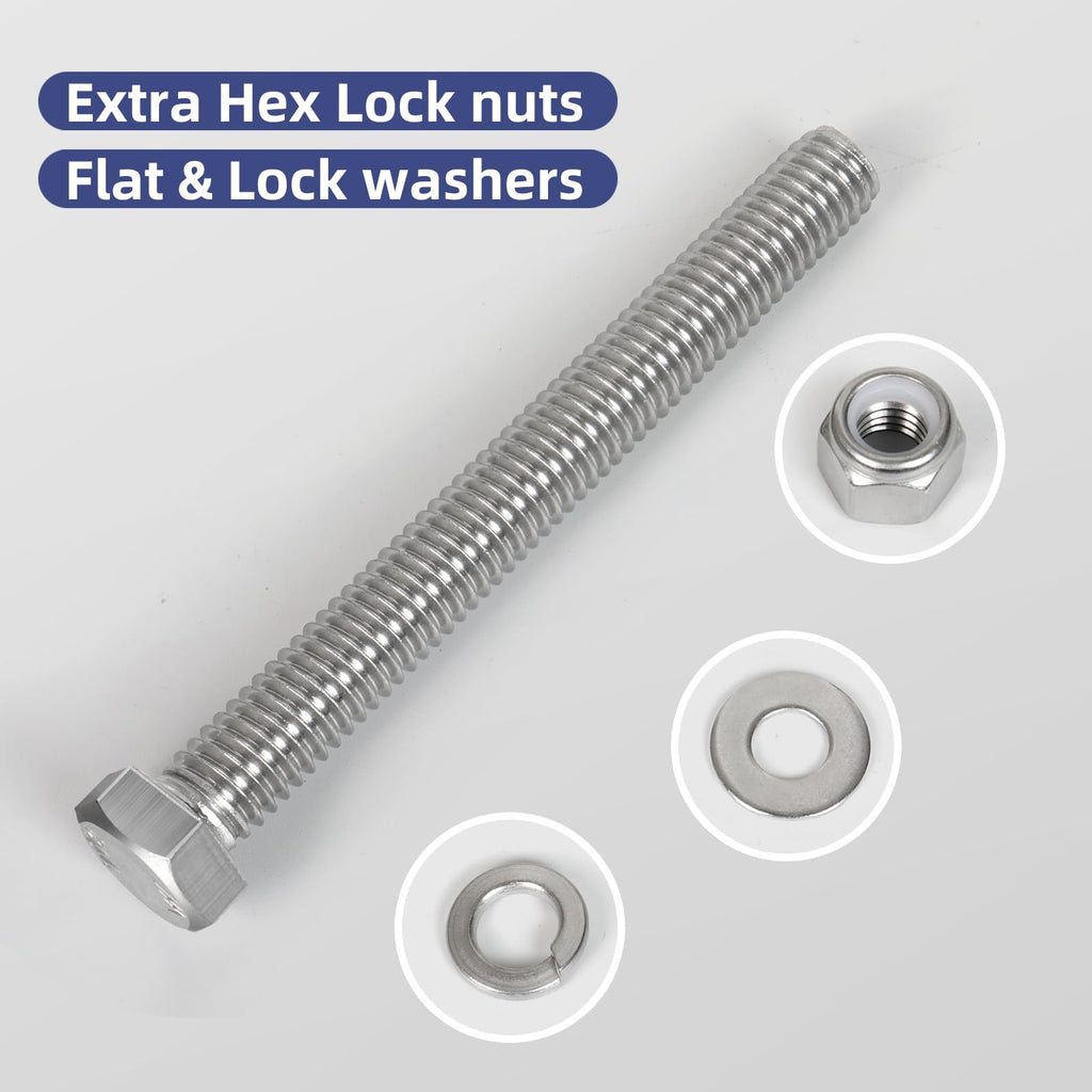 BNUOK (12 Sets) 1/4-20 x 4 Hex Head Screw Bolt,Lock Nuts,Flat & Lock Washers Kits,304 Stainless Steel 18-8,Fully Threaded