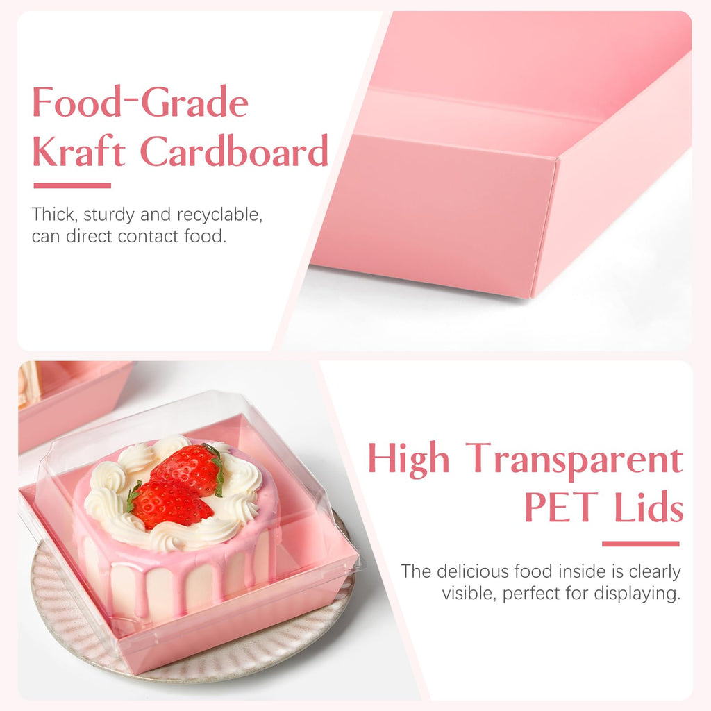 ZORRITA 50 Pack Small Pink Paper Charcuterie Boxes with Clear Lids, 4 Inches Disposable Sandwich Boxes Square To Go Food Containers for Desserts, Strawberries, Cake Slice and Cookies