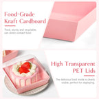 ZORRITA 50 Pack Small Pink Paper Charcuterie Boxes with Clear Lids, 4 Inches Disposable Sandwich Boxes Square To Go Food Containers for Desserts, Strawberries, Cake Slice and Cookies