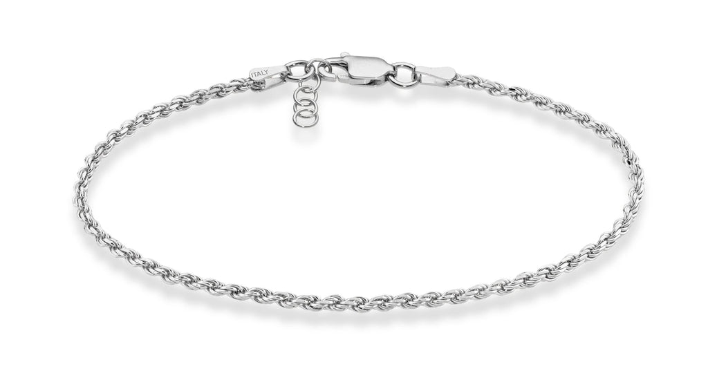 Miabella Solid 925 Sterling Silver Italian 2mm, 3mm Diamond-Cut Braided Rope Chain Bracelet for Women Men, Made in Italy (2mm - Length 6.5 Inches)
