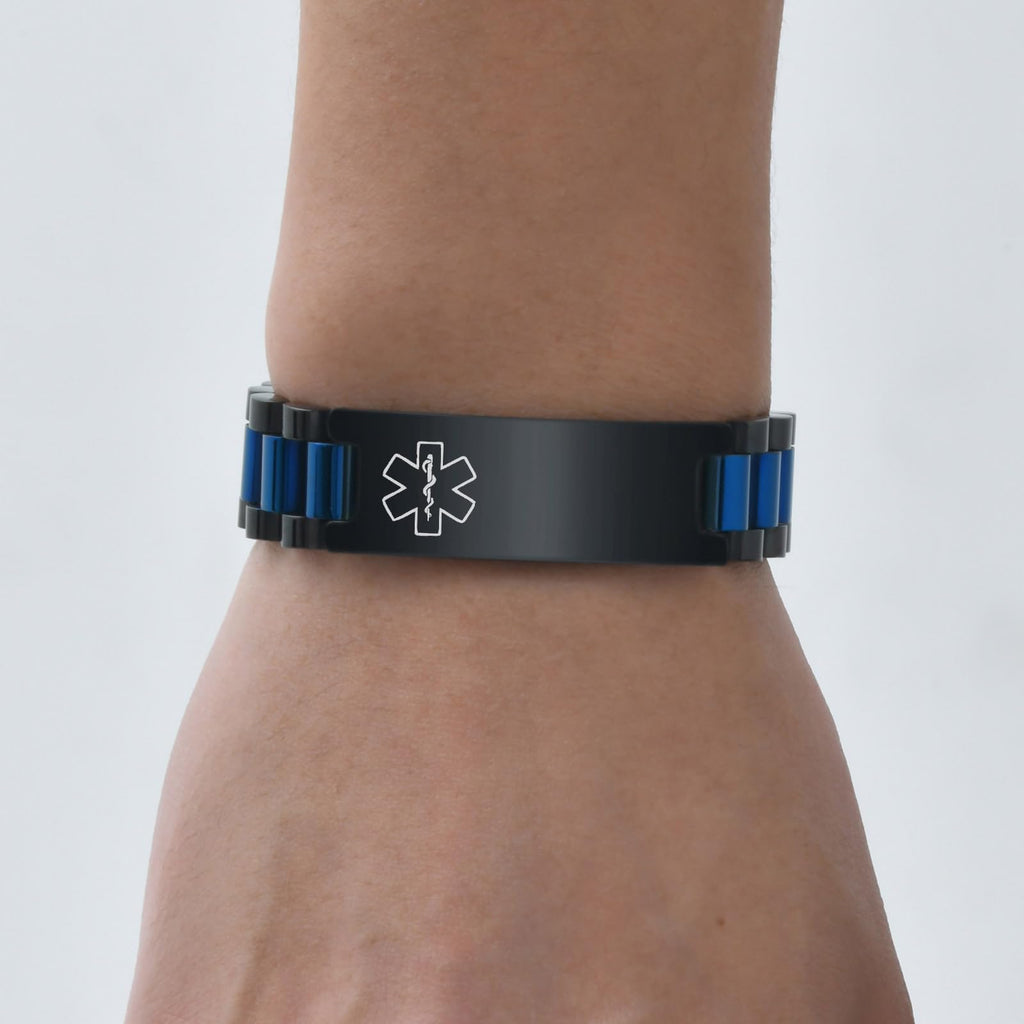 Medical ID Bracelet for Men: Free Engraving Black and Blue Stainless Steel Masculine Watch Band Style Medical Alert Wristband Personalized Medic ID Bracelet Jewelry