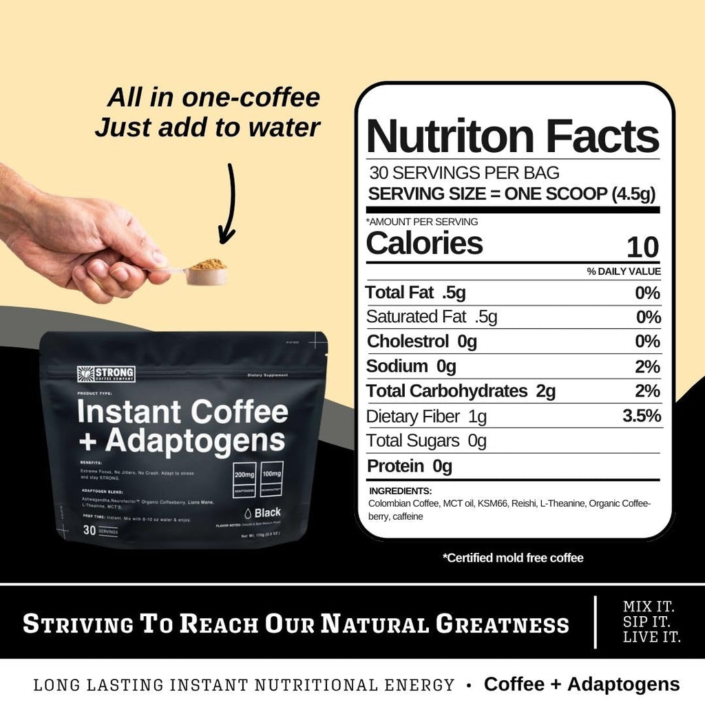 Strong Coffee Co. Instant Black Coffee | Premium Organic Coffee with Nootropics & Adaptogens, NeuroFactor®, L-Theanine, Ashwagandha, Reishi & MCT Oil | No Jitters, No Crash (1, 30 Servings)