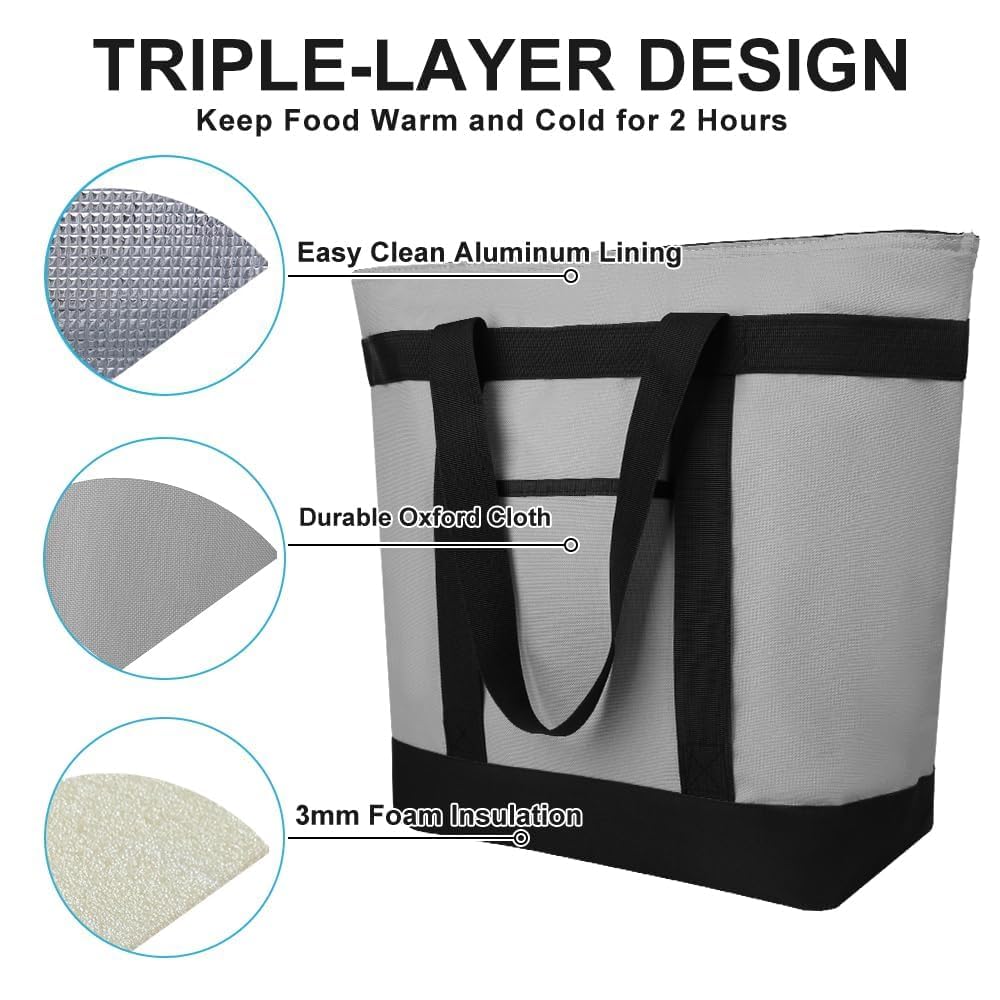 CIVJET Insulated Reusable Tote Bag for Grocery Shopping for Women/Men, Pizza/Food Delivery Bag to Keep Food Cold/Hot for Professional Catering, Cooler bags for Travel/Beach/Picnic, Grey, 3-Pack