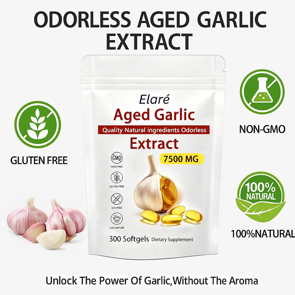 Elare Aged Garlic Extract - 7500mg Odorless, Organic Garlic Extract Capsules | Heart & Immune Antioxidant Supplements, Vegetarian, All-Natural, Non-GMO, 300 Softgels
