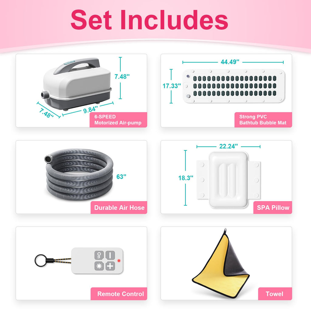 Portable Spa Bubble Bath Massager,Full Body Waterproof Spa Mat for Bathtub, 6-Speed Bubbles, Remote Control & Non-Slip Suction Cups for Home Relaxation