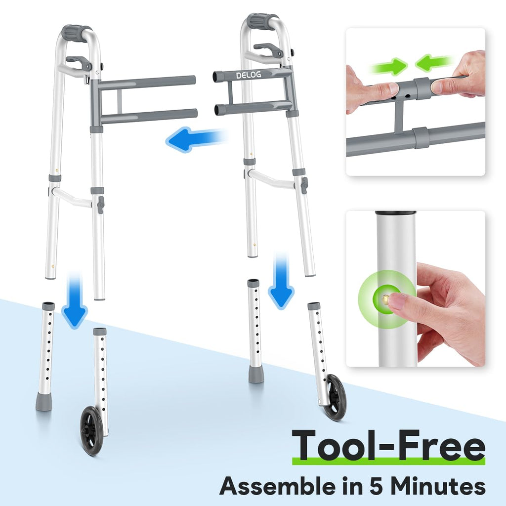 Delog Narrow Folding Walker for Seniors with Trigger Release and 5 Inches Wheels, Lightweight Supports Up to 350 lbs, Aluminum Folding Walker for Elderly, Handicapped and Disabled