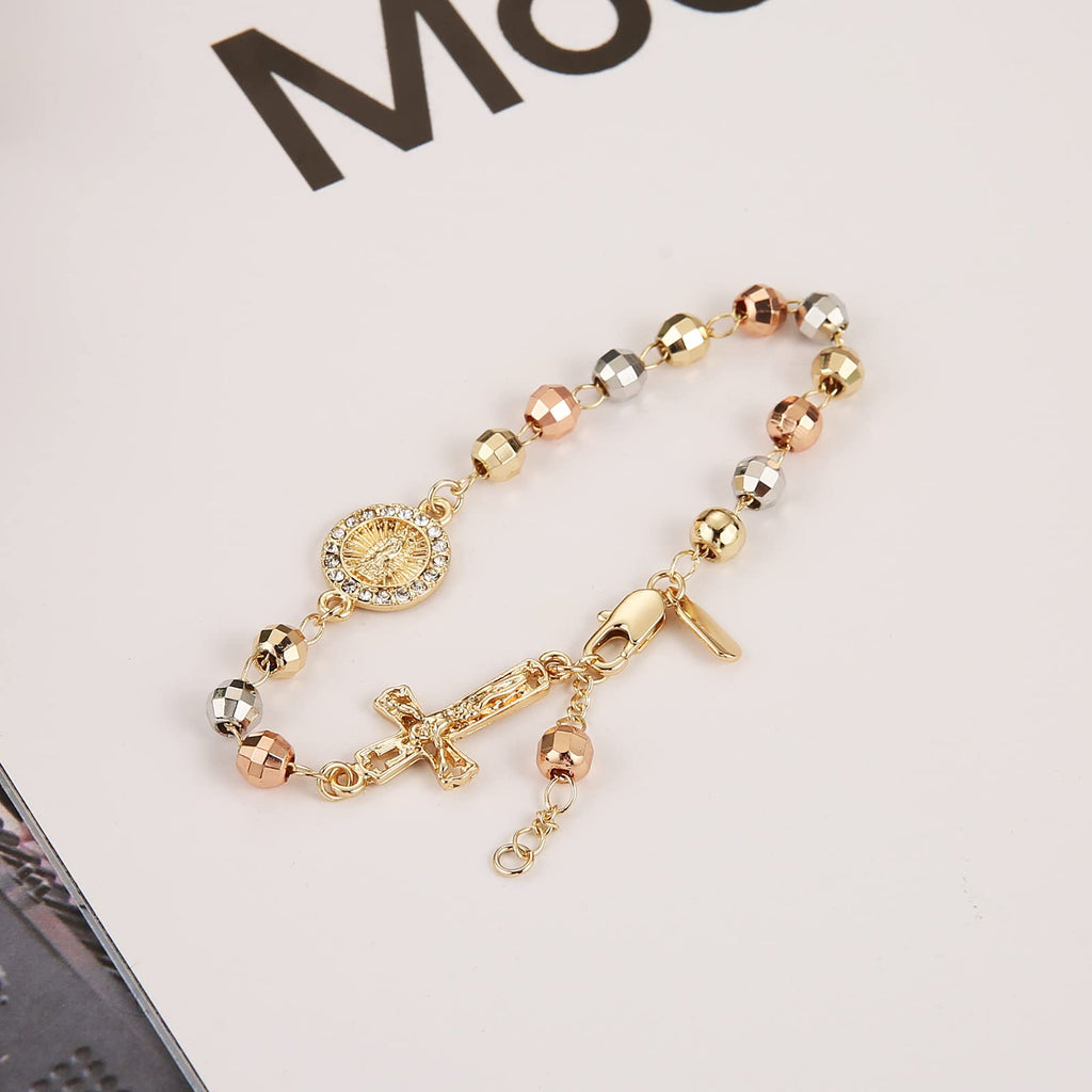HZMAN Brass Virgin Mary Cross Rosary Bead Bracelet for Women