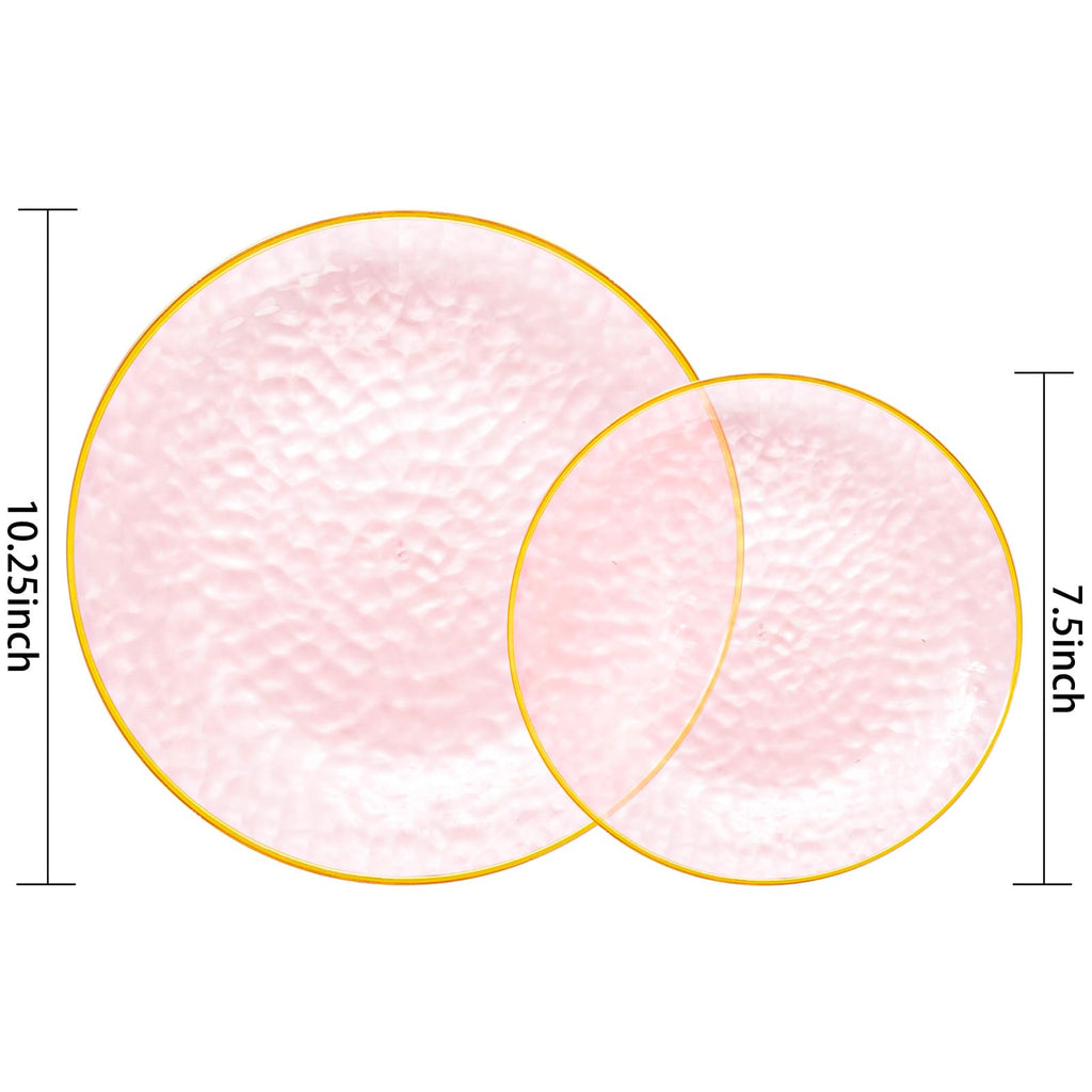 Rubtlamp 60Pcs Pink Plastic Plates,Clear Pink Plates With Gold Rim,Hammered Gold Plates Include 30Pink Plastic Dessert Platos, 30Gold Dinner Platos For Party