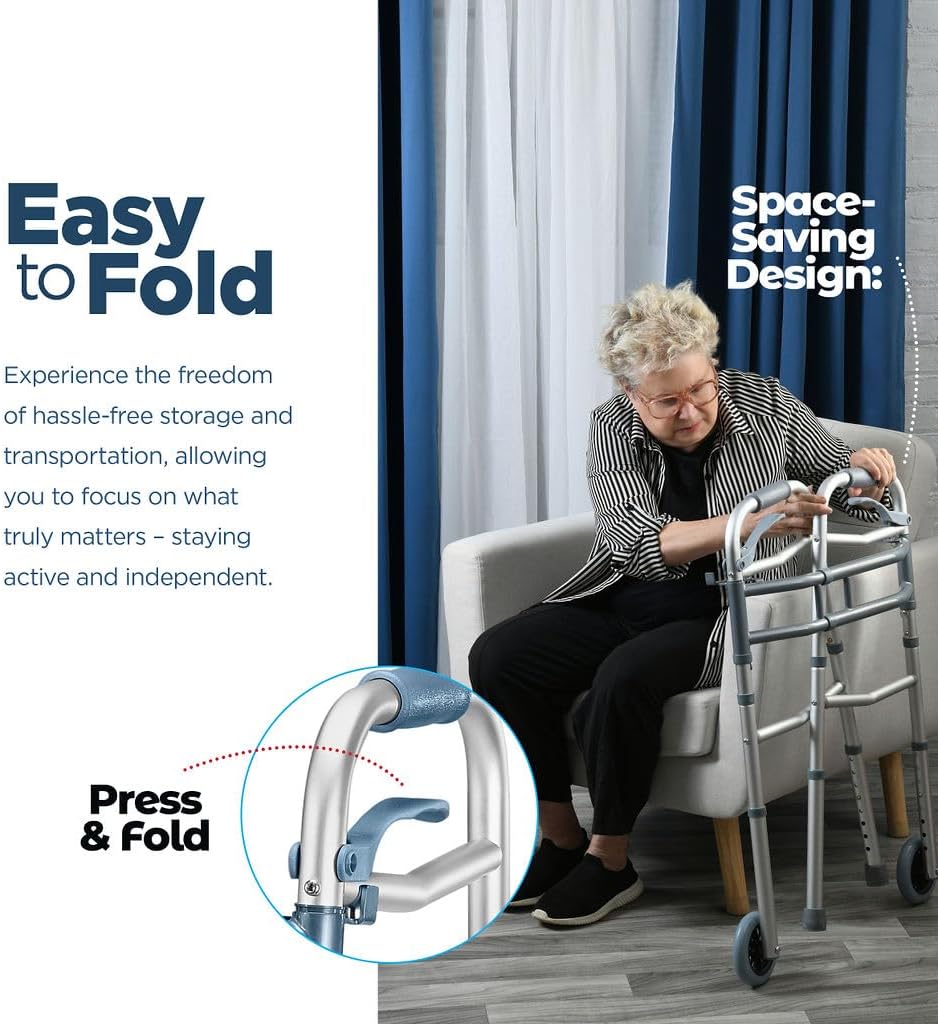 Medical king Walkers for Seniors Aluminum Lightweight Walker with Wheels, Adjustable Width and Height, Folding Walker for Elderly, Handicapped, Disabled 2 Wheels in Front