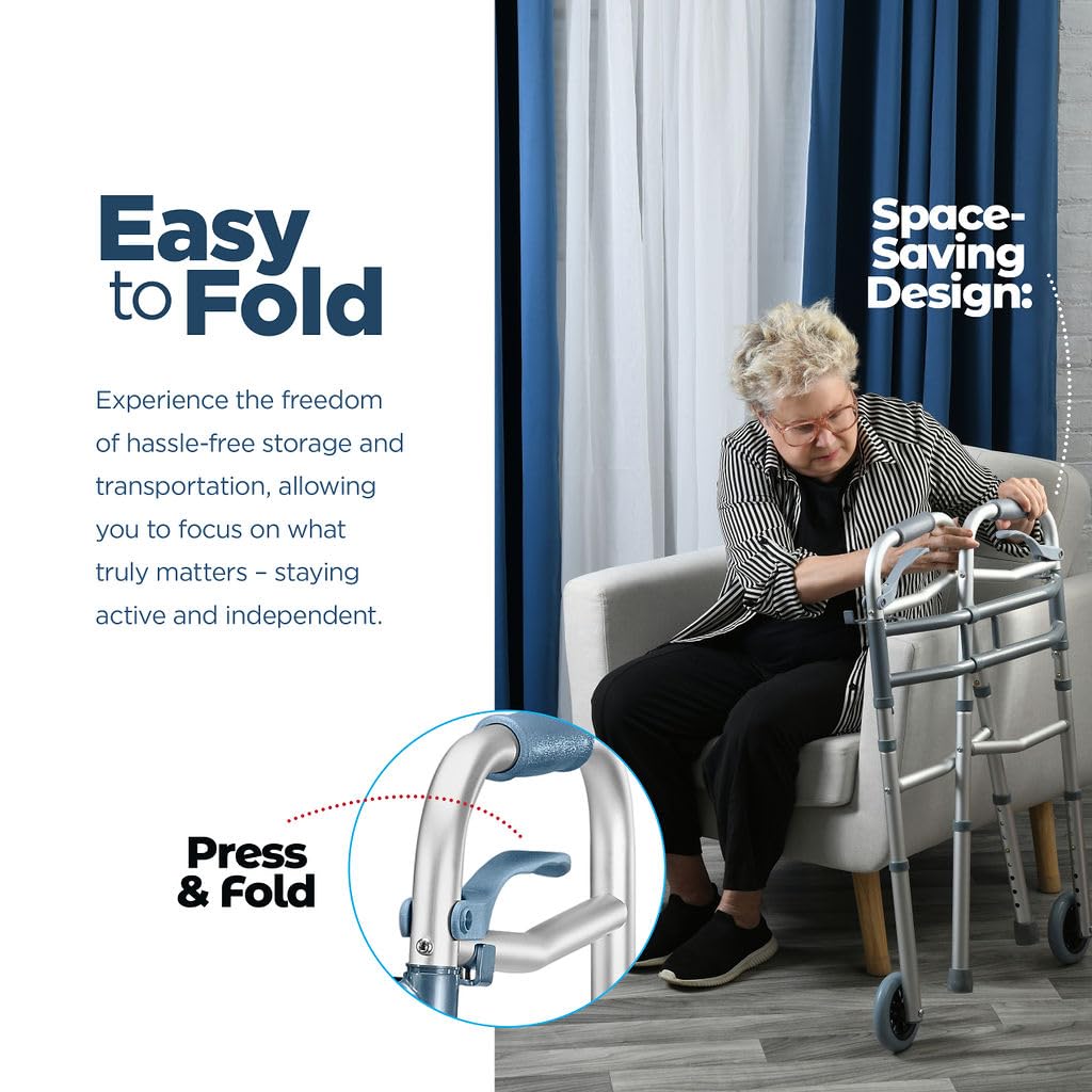Medical king Walkers for Seniors Aluminum Lightweight Walker with Wheels, Adjustable Width and Height, Folding Walker for Elderly, Handicapped, Disabled 2 Wheels in Front