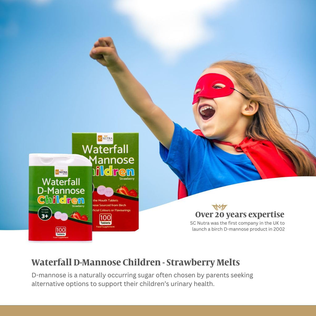 Waterfall D-Mannose Children Melt in the Mouth Tablets with a hint of Strawberry. Suitable for Boys & Girls, 3 Years + | 100 Count