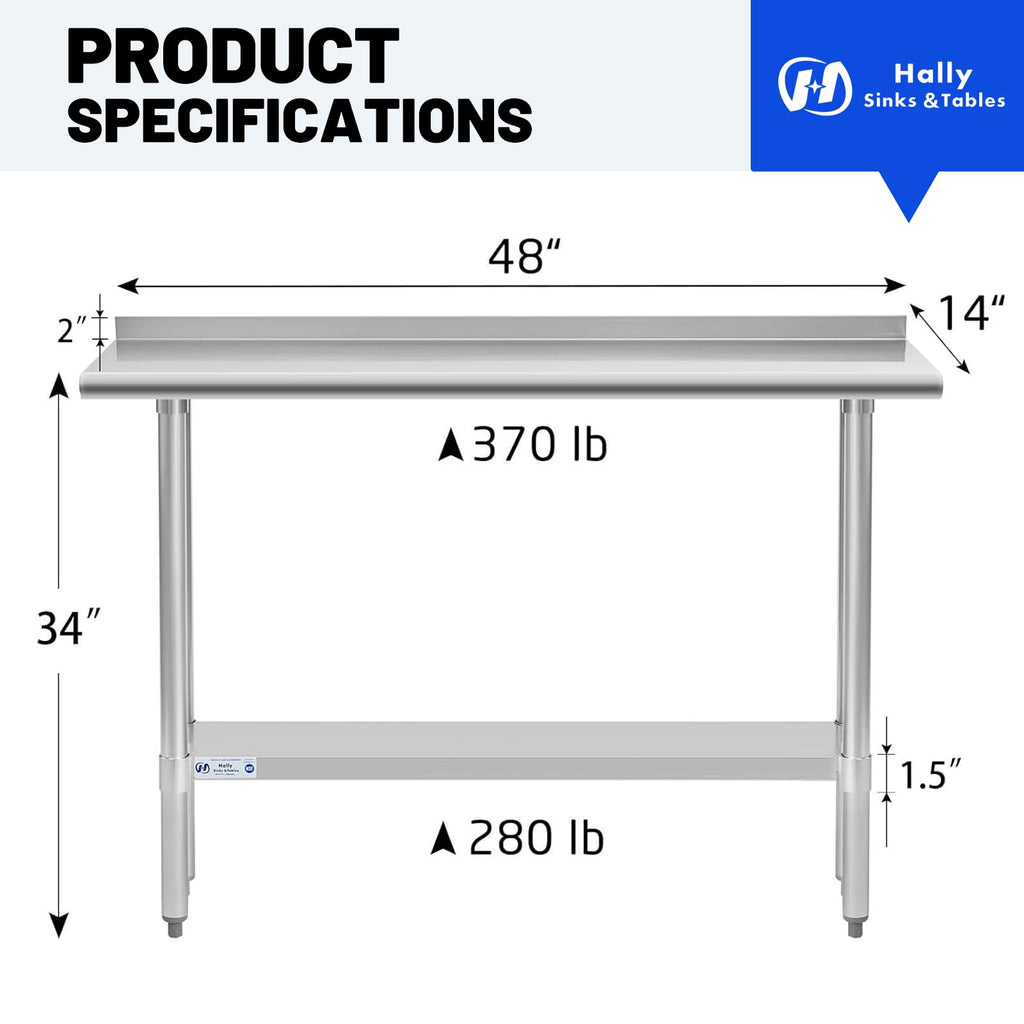 Hally Stainless Steel Table for Prep & Work 14" x 48" with Backsplash NSF