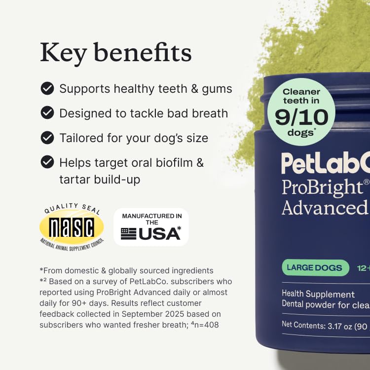 PetLab Co. ProBright Advanced Dental Powder - Dog Breath Freshener - Teeth Cleaning Made Easy – Targets Tartar & Bad Breath - Packaging May Vary - Formulated for Large Dogs