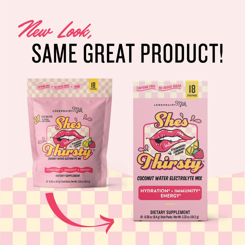 Legendairy Milk She’s Thirsty – Strawberry Lemonade, Hydration Packets | Cortisol Supplement for Stress Relief & Adrenal Support | Coconut Water Electrolytes Powder, No Sugar Added 18 ct
