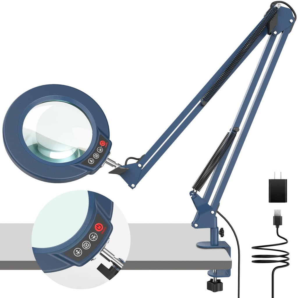 10X Magnifying Glass with Light and Clamp, Real Glass Stand Lighted Magnifier, 2*16 Arm 5 Color Modes Stepless Dimmable LED Desk Lamp Hands Free for Craft Hobby Reading Painting Close Work Large Blue
