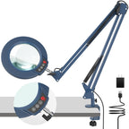 10X Magnifying Glass with Light and Clamp, Real Glass Stand Lighted Magnifier, 2*16 Arm 5 Color Modes Stepless Dimmable LED Desk Lamp Hands Free for Craft Hobby Reading Painting Close Work Large Blue