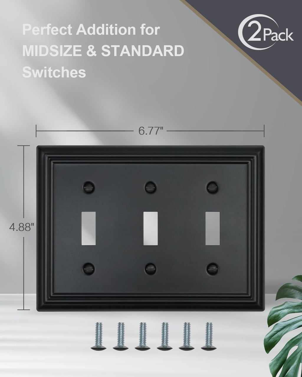 ZILLSEA Decorative Framed Design Switch Plates Outlet Covers, Duable Metal Wall Plates (Black/3 Toggle 2 Pack)