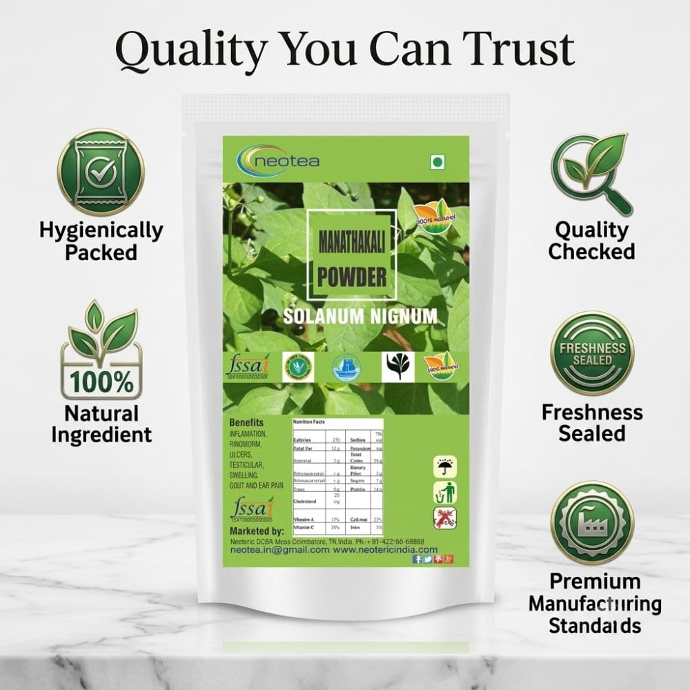 neotea Manathakkali Leaf Powder | Solanum Nigrum | Black Nightshade 300 GM (10.58 OZ) | 100% Pure, Natural Herbal Supplement for Health & Wellness