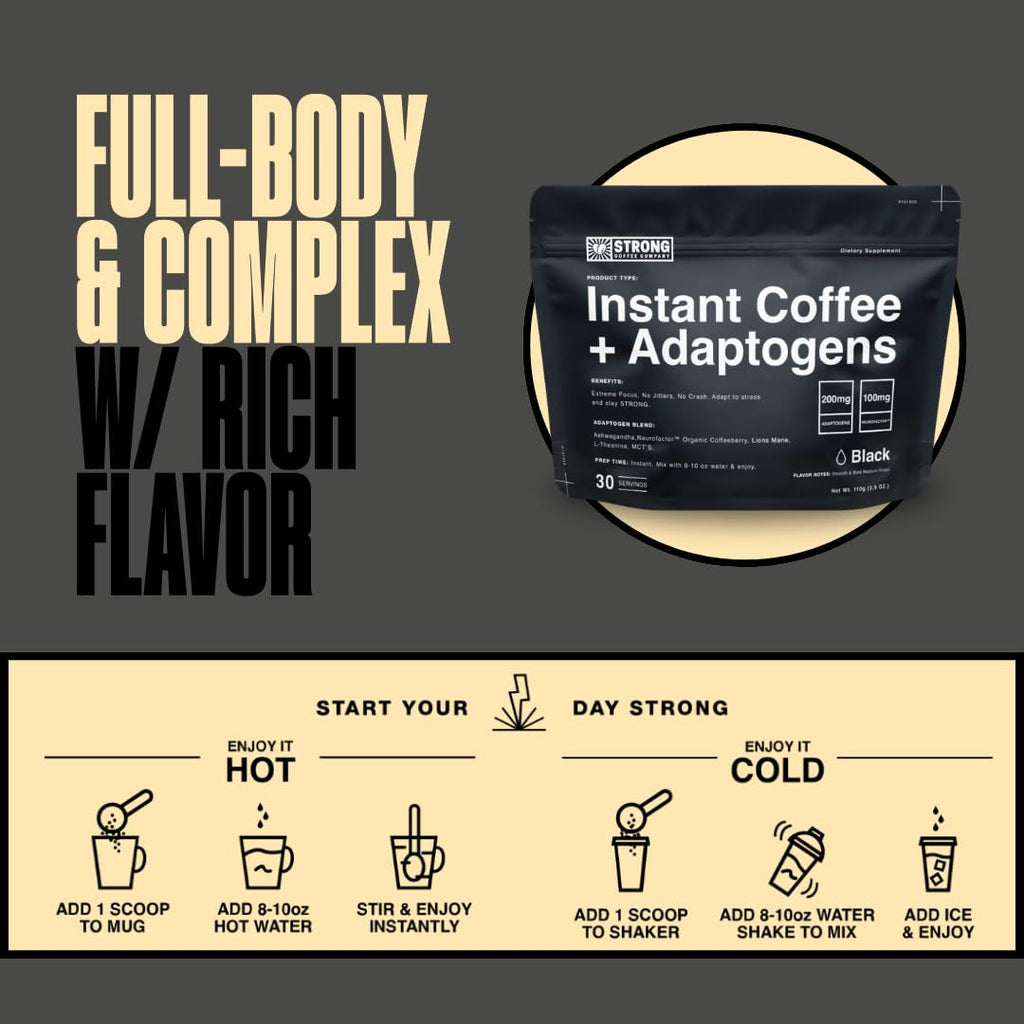 Strong Coffee Co. Instant Black Coffee | Premium Organic Coffee with Nootropics & Adaptogens, NeuroFactor®, L-Theanine, Ashwagandha, Reishi & MCT Oil | No Jitters, No Crash (1, 30 Servings)